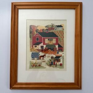 Framed Cross Stitch Art Pumpkin Hill Farm Autumn Harvest Scene Red Barn Folk Art